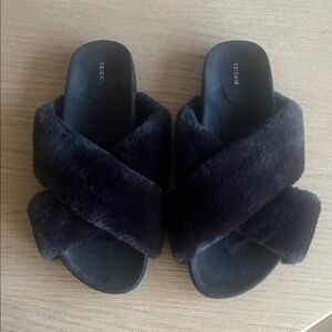 Birdies Luxe Black Faux Fur Slippers